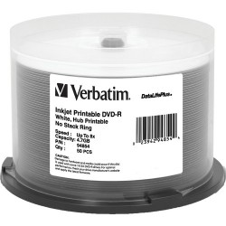 Verbatim | Verbatim DVD-R 4.7GB 8X DataLifePlus White Inkjet Printable, Hub Printable 50 Pack Spindle