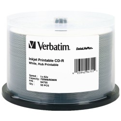 Verbatim | Verbatim CD-R 700MB 52x Write-Once DataLifePlus White Inkjet Printable, Hub Printable Recordable Compact Disc (Spindle Pack of 50)